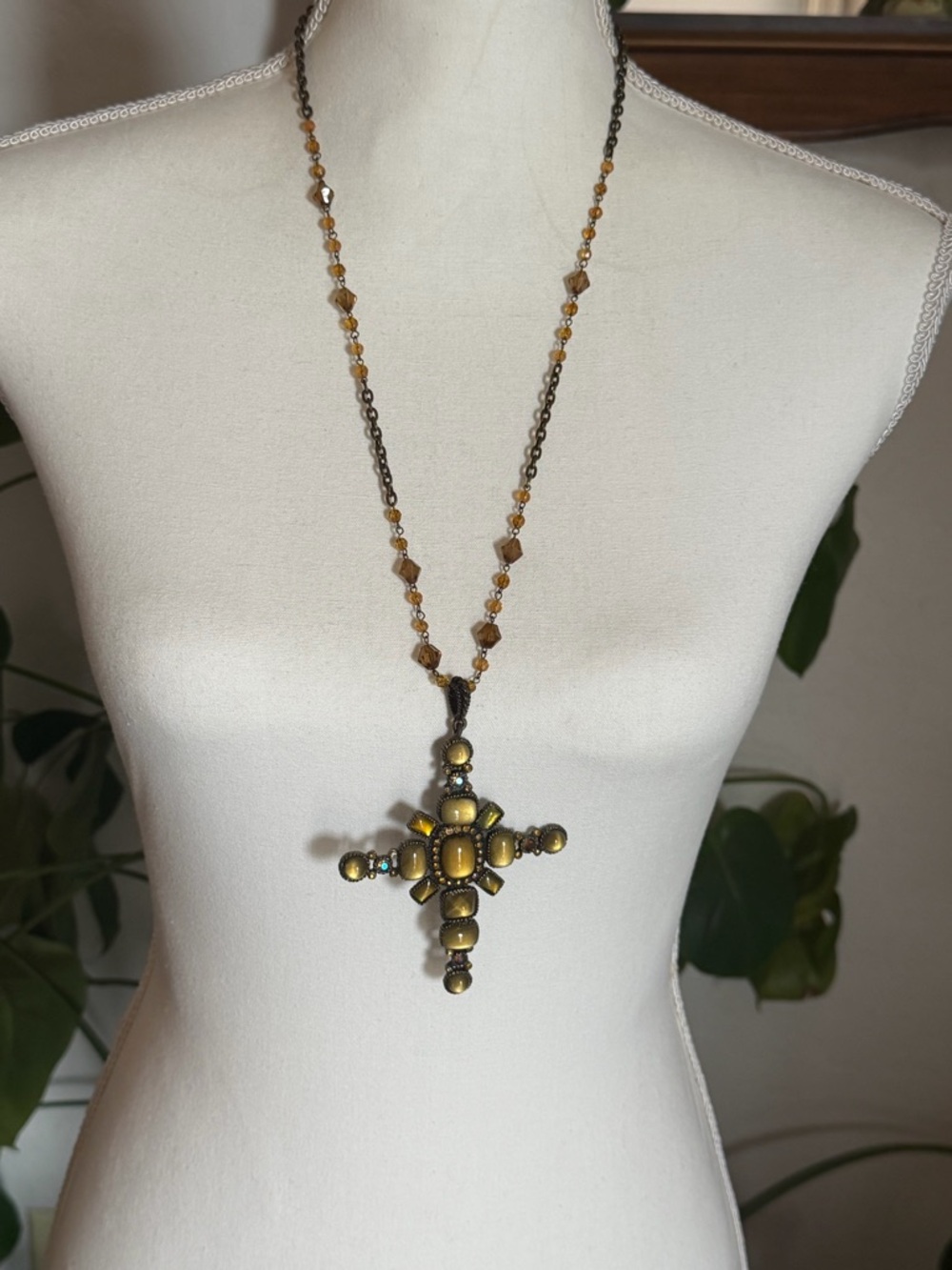 Vintage Faucet Cut & Iridescent Glass Bead large Cross Pendant Necklace